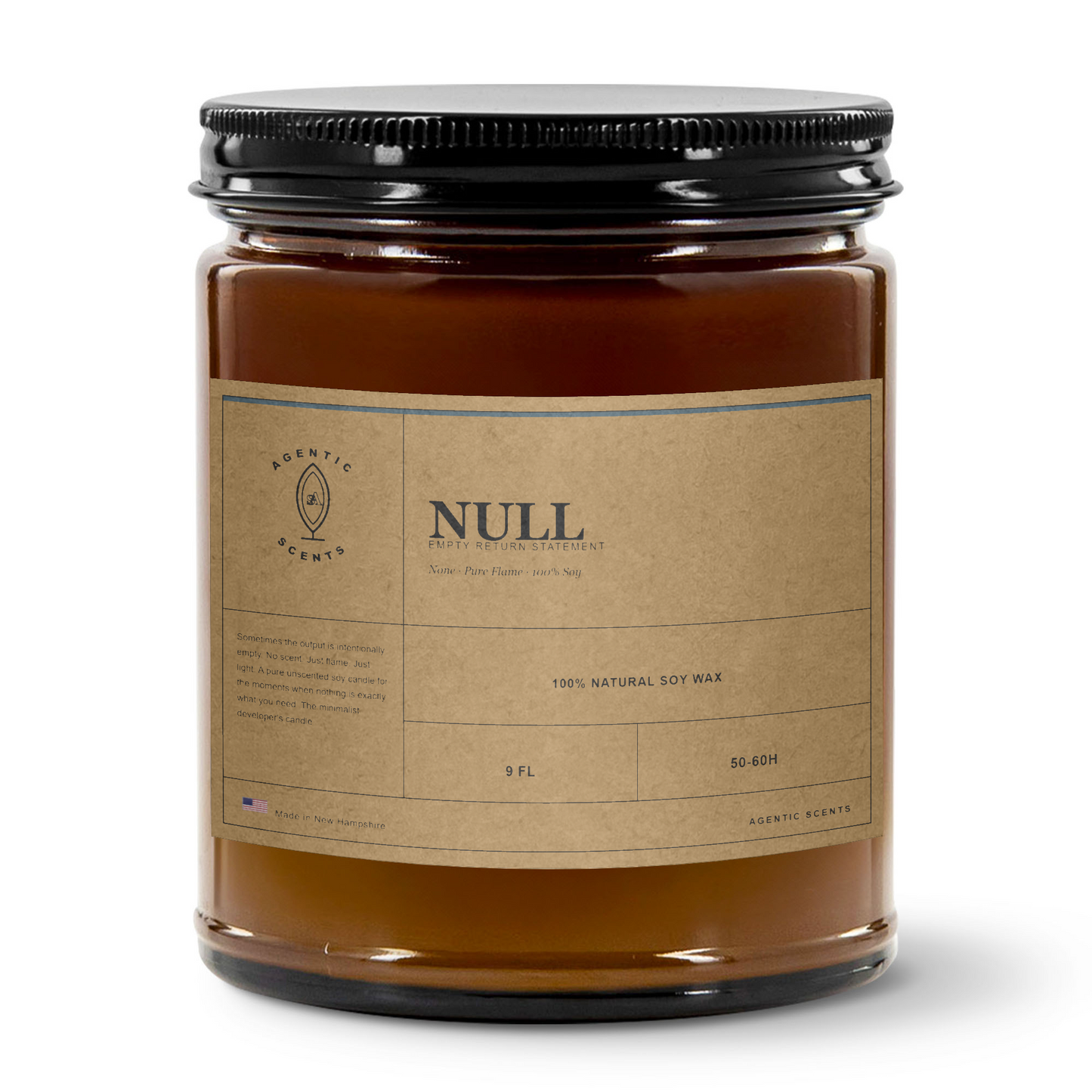 NULL - Empty Return Statement - Unscented - 9oz Amber Jar Candle | 3"x2" Kraft Label | Black Lid