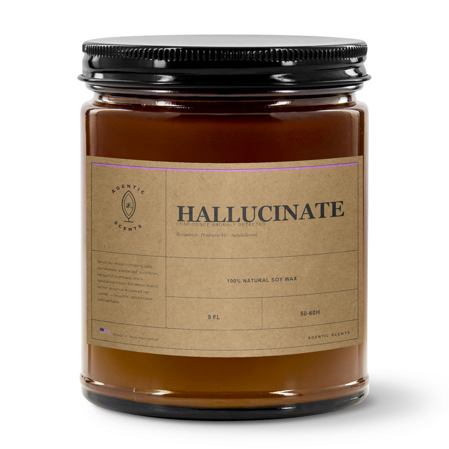Hallucinate - Confidence Anomaly Detected - Honeysuckle - 9oz Amber Jar Candle | 3"x2" Kraft Label | Black Lid
