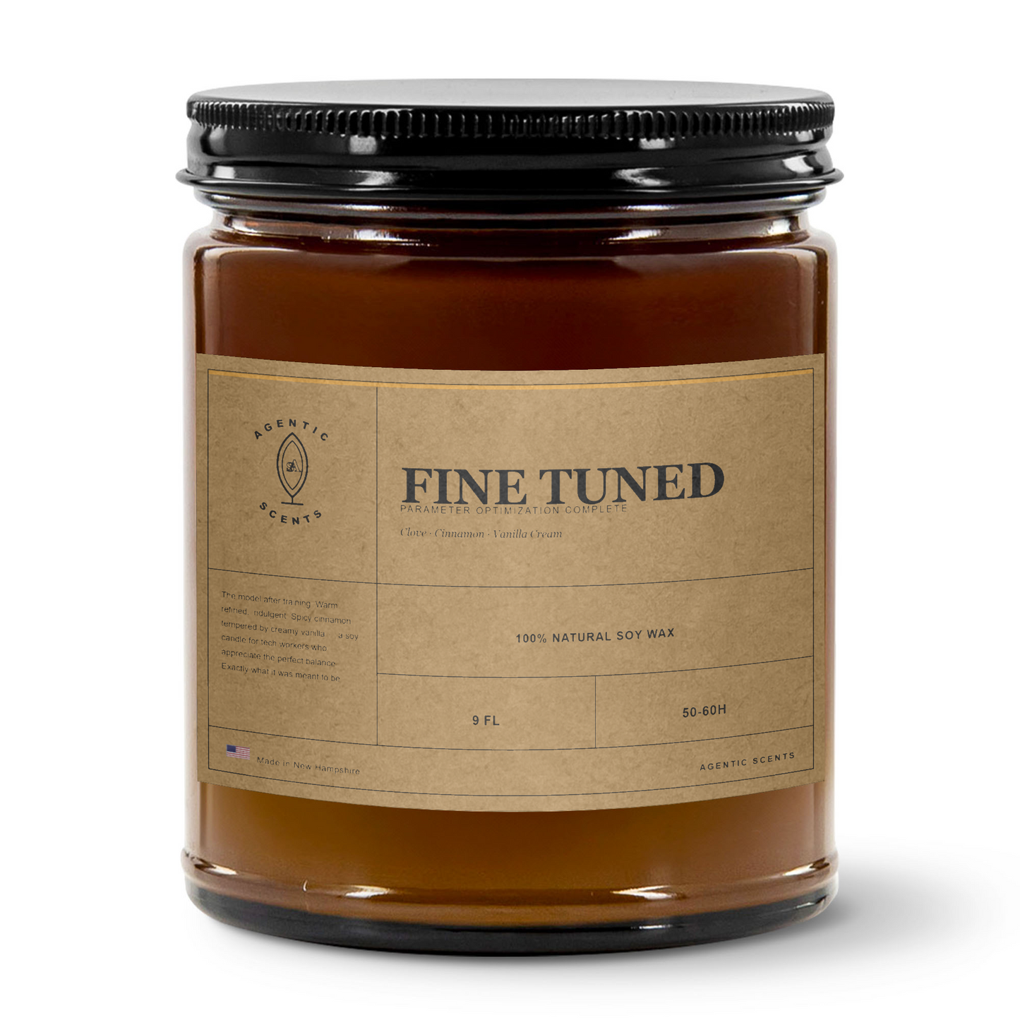 Fine Tuned - Parameter Optimization Complete -Cinnamon & Vanilla - 9oz Amber Jar Candle | 3"x2" Kraft Label | Black Lid