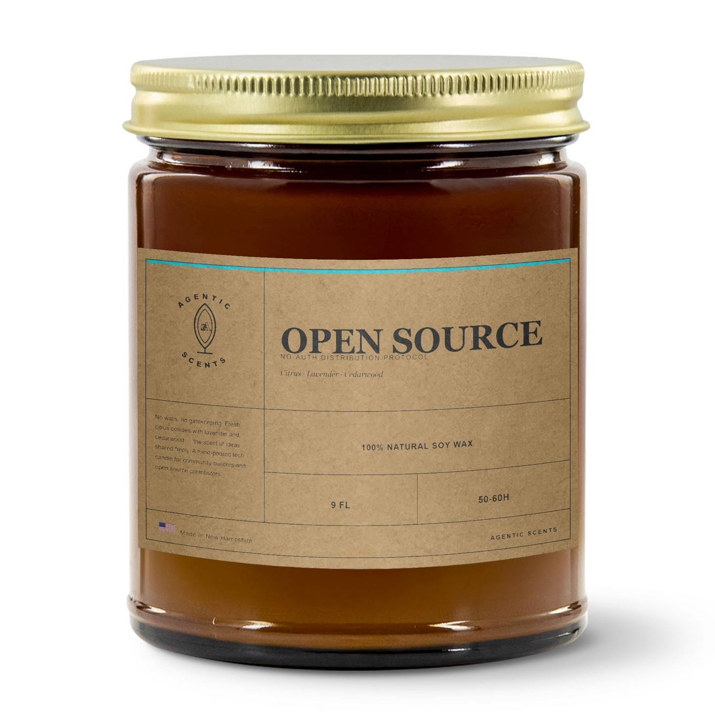 Open Source - No-Auth Distribution Protocol - Sea Breeze - 9oz Amber Jar Candle | 3"x2" Kraft Label | Gold Lid