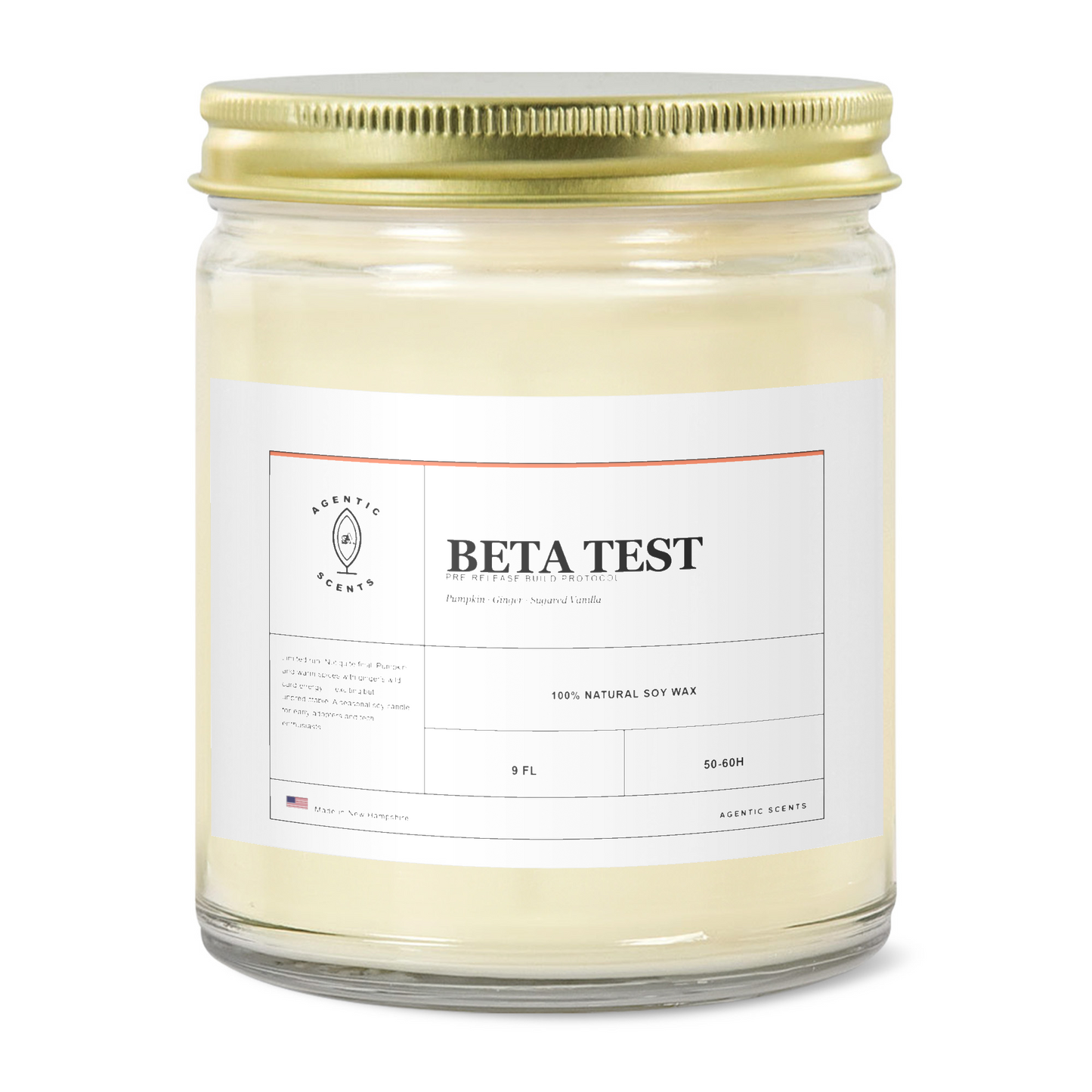 Beta Test - Pre-Release Build Protocol- Spiced Pumpkin Ginger- 9oz Clear Jar Candle | 3"x2" White Label | Gold Lid