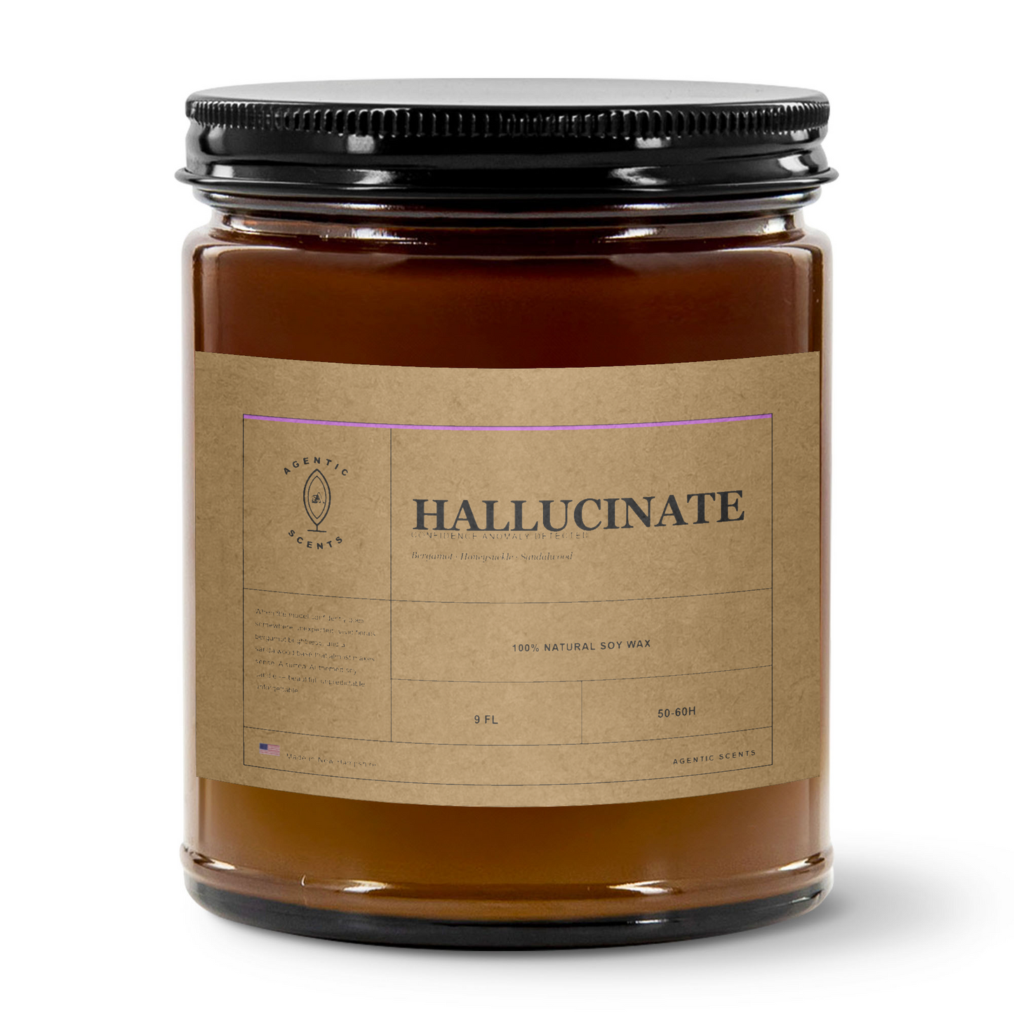 Hallucinate - Confidence Anomaly Detected - Honeysuckle - 9oz Amber Jar Candle | 3"x2" Kraft Label | Black Lid