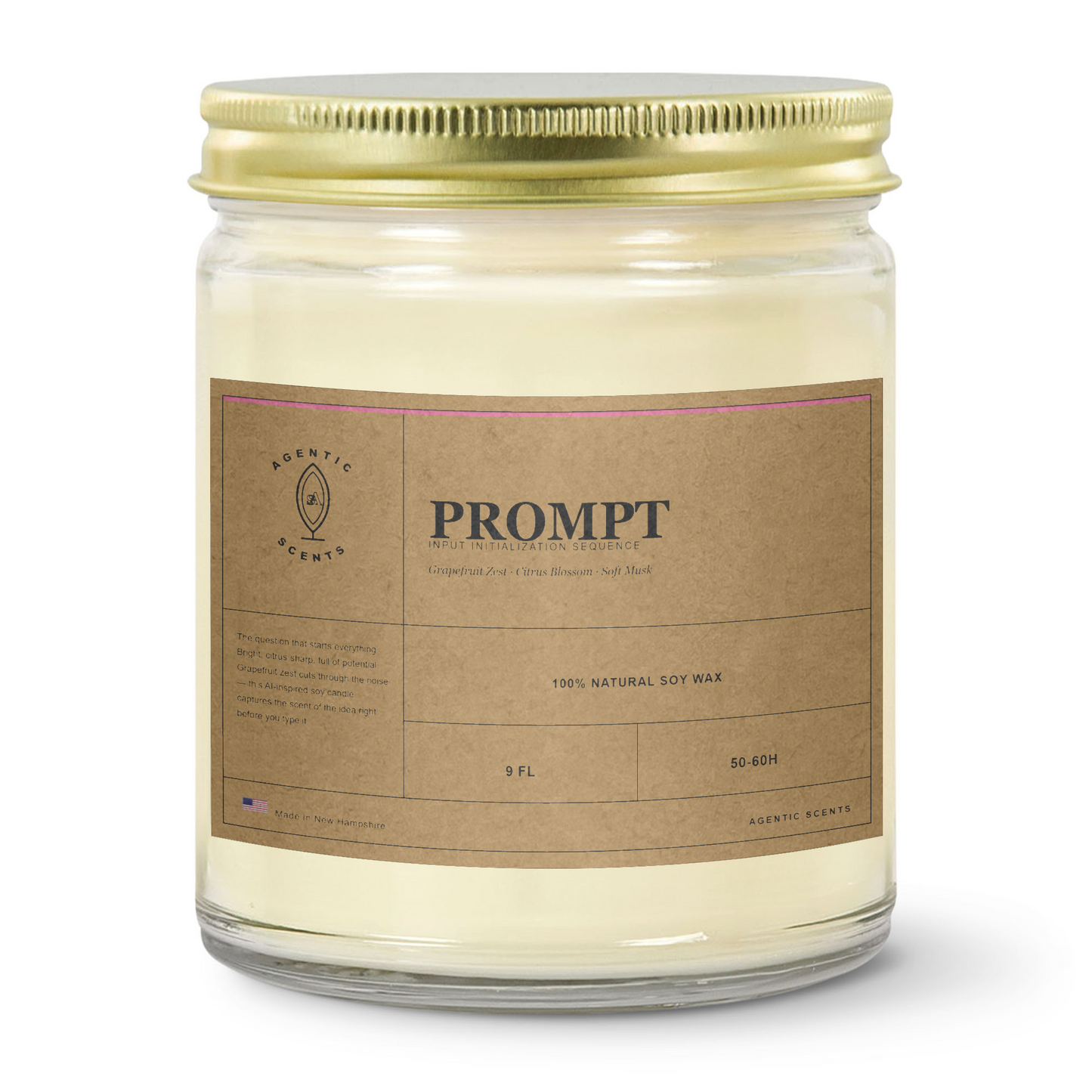 Prompt - Input Initialization Sequence - Pink Grapefruit - 9oz Clear Jar Candle | 3"x2" Kraft Label | Gold Lid