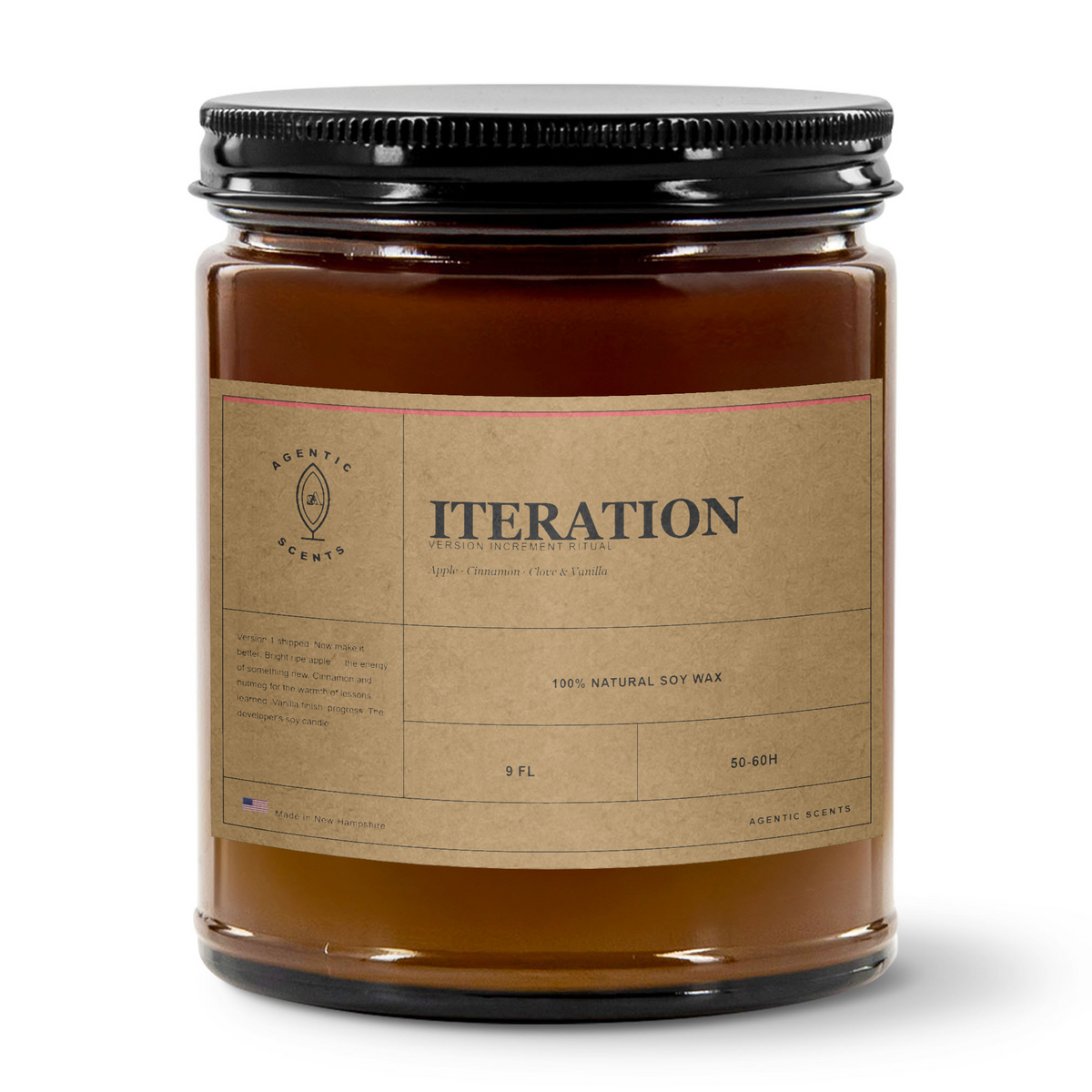Iteration - Version Increment Ritual - Apple Harvest  - 9oz Amber Jar Candle | 3"x2" Kraft Label | Black Lid