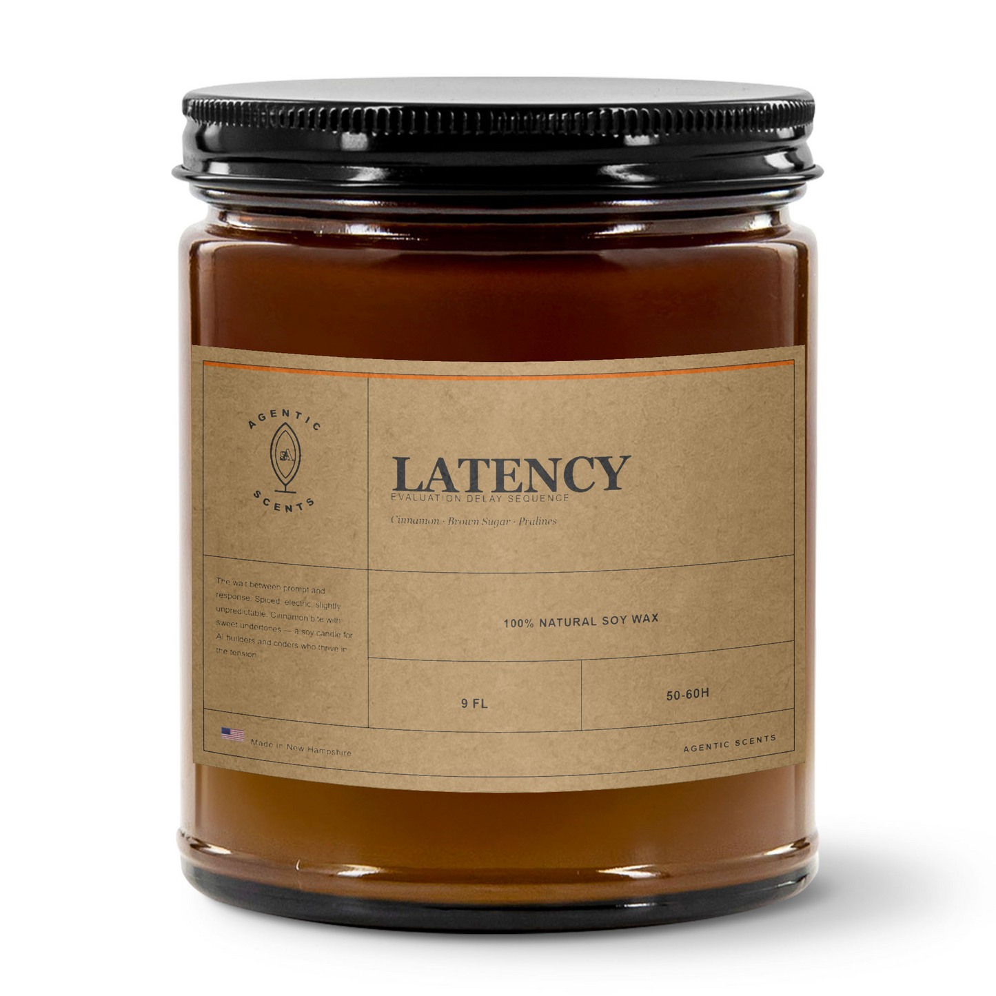 Latency - Evaluation Delay Sequence- Comfort Spice - 9oz Amber Jar Candle | 3"x2" Kraft Label | Black Lid