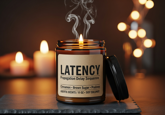 Latency - Evaluation Delay Sequence- Comfort Spice - 9oz Amber Jar Candle | 3"x2" Kraft Label | Black Lid